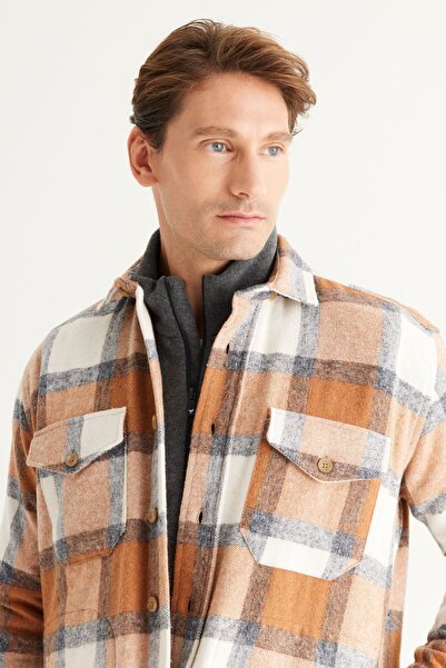 AC&Co / Altınyıldız Classics Férfi Mink-ekrü túlméretes, bő szabású gombos galléros téli ingkabát