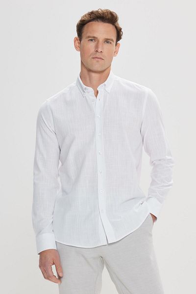 AC&Co / Altınyıldız Classics Ανδρικό λευκό 100% βαμβακερό φανελένιο πουκάμισο Oxford Slim Fit με γιακά με κουμπιά