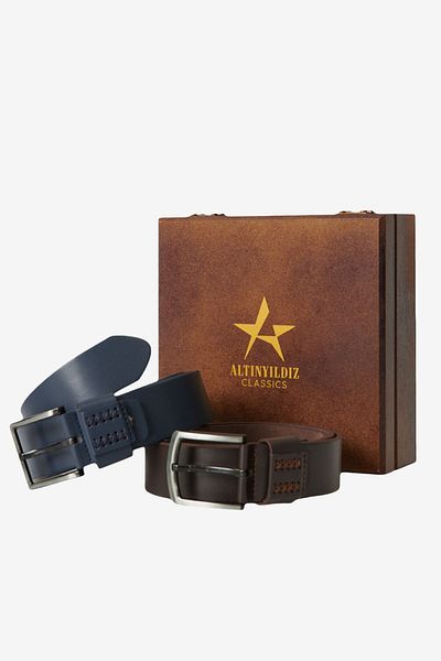 ALTINYILDIZ CLASSICS Marineblau-Brauner Spezial-Set aus Holz in Geschenkbox mit 2 Jeansgürteln für den Bräutigam