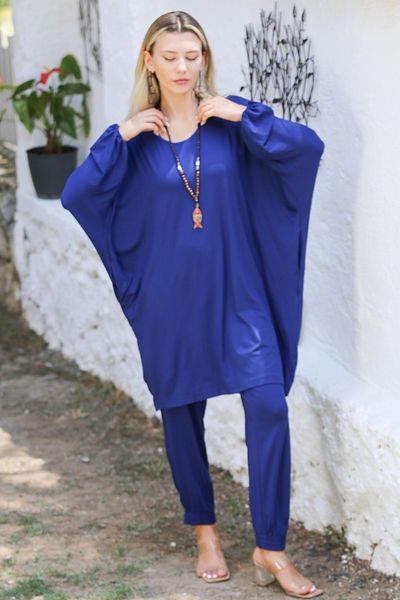 Chiccy Plus Size Dark Blue Knitted Set with Round Collar and Bat Sleeve Pocket - Elastic Waist and Leg