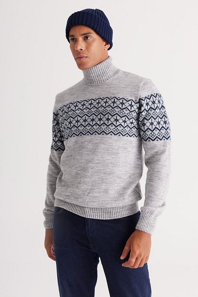 AC&Co / Altınyıldız Classics Herren-Strickpullover mit Rollkragen und Zickzackmuster in Standard-Passform in Grau-Melange und Marineblau