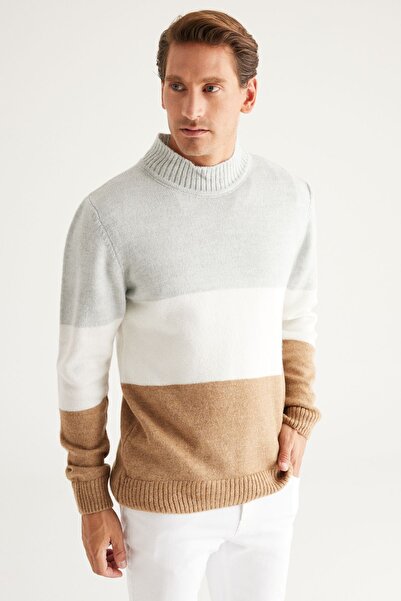 AC&Co / Altınyıldız Classics Men's Grey-camel Standard Fit Normal Cut Half Turtleneck Ruffled Soft Textured Knitwear Sweater