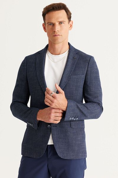ALTINYILDIZ CLASSICS Herren-Blazer in Marineblau-Weiß mit schmaler Passform und gemustertem Monokragen
