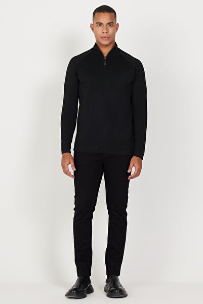 ALTINYILDIZ CLASSICS Erkek Siyah Standart Fit Normal Kesim Dik Bato Yaka Triko Kazak