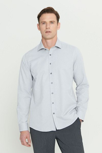 ALTINYILDIZ CLASSICS Men's Gray Easy Iron Cotton Slim Fit Slim Fit Button Collar Gofre Print Shirt