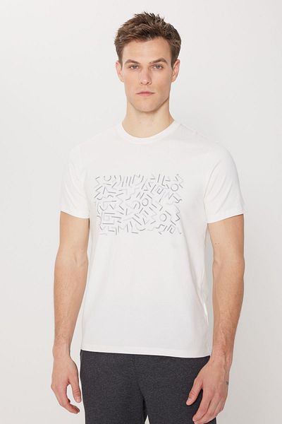 ALTINYILDIZ CLASSICS Ecru Slim Fit schmal geschnittenes Herren-T-Shirt aus Baumwolle mit Rundhalsausschnitt und Bedruckung