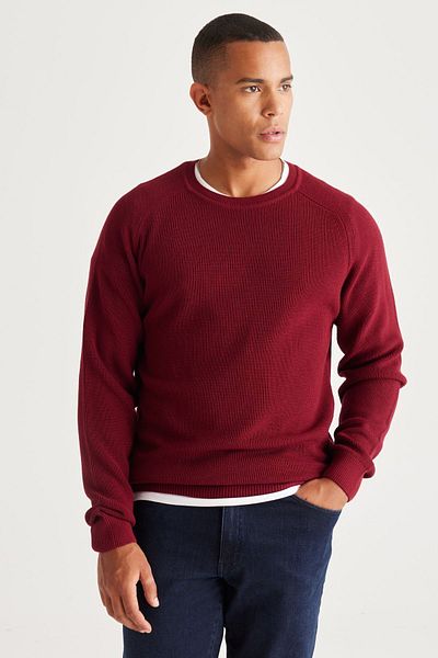 AC&Co / Altınyıldız Classics Bordeauxroter Strickpullover für Herren – Standard-Passform, Rundhalsausschnitt, gemustert