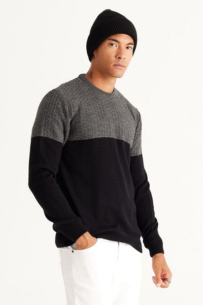 AC&Co / Altınyıldız Classics Anthrazit-schwarzer Standard-Passform-Strickpullover mit normalem Schnitt und Rundhalsausschnitt mit Colorblok-Muster für Herren