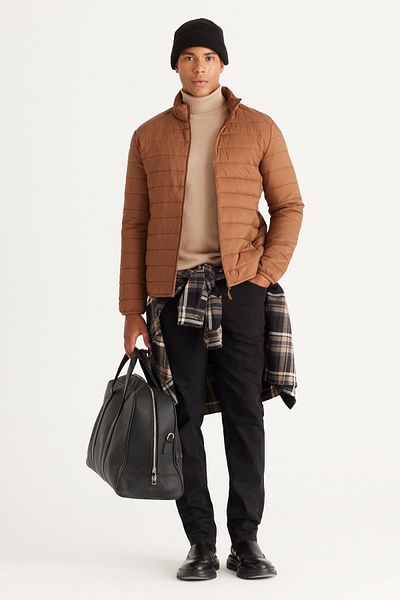 AC&Co / Altınyıldız Classics Warm Ultra Light Standard Fit Brown Puffer Men's Coat with Windproof Portable Bag