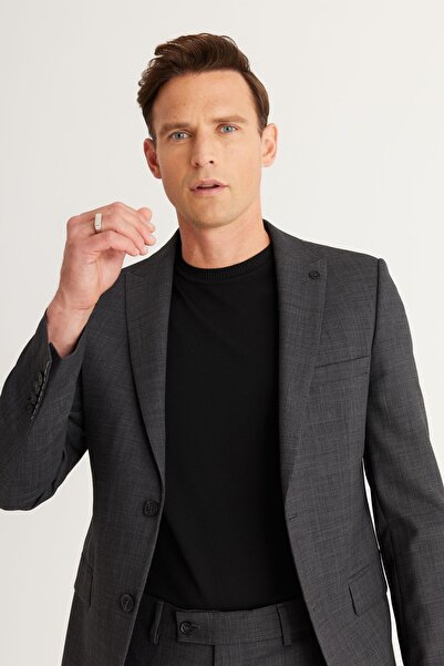 ALTINYILDIZ CLASSICS Antracit férfi karcsú gyapjú öltöny - Cordura szövet, fecskegallér