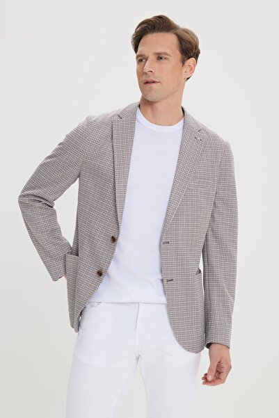 ALTINYILDIZ CLASSICS Erkek Kahve-Bej Slim Fit Dar Kesim Mono Yaka Desenli Blazer Ceket