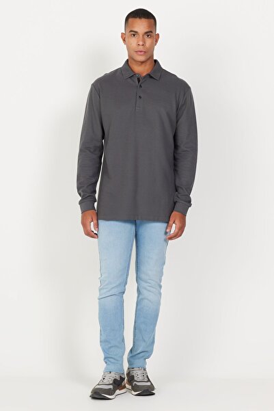 ALTINYILDIZ CLASSICS Мъжка антрацитна тънка тениска с тениска с поло яка, 100% памук с пчелна пита