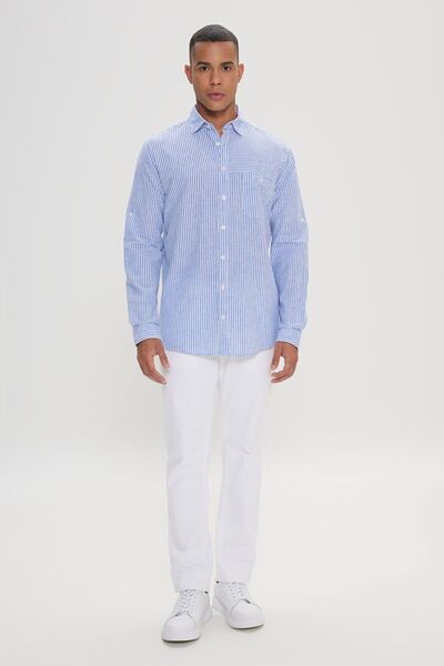 AC&Co / Altınyıldız Classics Ανδρικό πουκάμισο με ριγέ λινό μπλε-λευκό