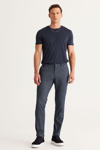 ALTINYILDIZ CLASSICS Men's Navy Blue Slim Fit Slim Fit Side Pocket Tweet Patterned Classic Fabric Trousers with Elastic Waist