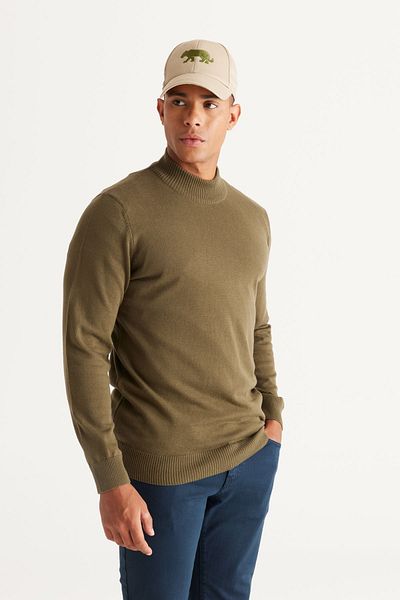 ALTINYILDIZ CLASSICS Men's Khaki Standard Fit Regular Cut Half Turtleneck Cotton Knitwear Sweater