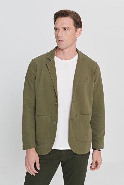 AC&Co / Altınyıldız Classics Men's Khaki Standard Fit Regular Cut Shirt Collar Cotton Knitted Blazer Jacket