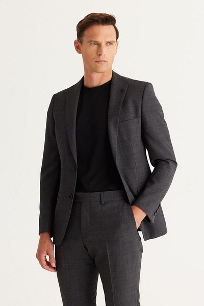 ALTINYILDIZ CLASSICS Anthracite Men's Slim Fit Woolen Suit - Cordura Fabric, Swallow Collar