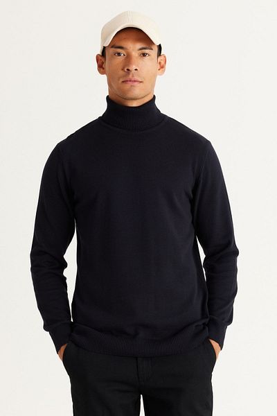 ALTINYILDIZ CLASSICS Marineblauer Standard-Schnitt-Pullover aus Baumwollstrick mit Rollkragen und normalem Schnitt für Herren