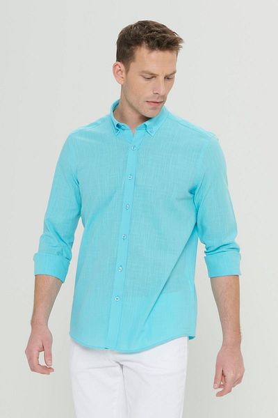 AC&Co / Altınyıldız Classics Cămașă pentru bărbați, turcoaz, 100% bumbac, Oxford, slim fit, cu guler cu nasturi