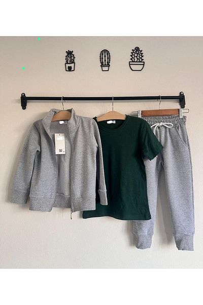 YARENKİDS 3-Piece Gray Tracksuit Set for Boys Girls - Dark Green Badi, Zippered