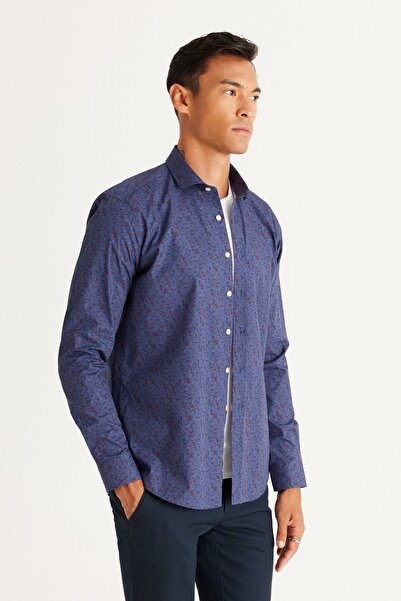 AC&Co / Altınyıldız Classics Férfi kék-bordó vörös karcsú, vékony szabású, kis olasz gallérral 100% pamut nyomott ing