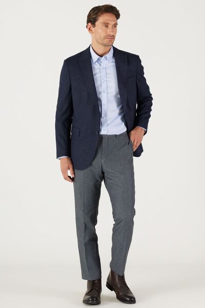 ALTINYILDIZ CLASSICS Erkek Lacivert Comfort Fit Rahat Kesim Kırlangıç Yaka Armürlü Ceket