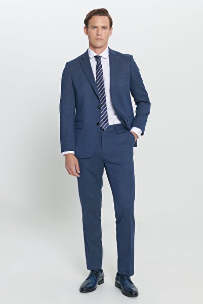 ALTINYILDIZ CLASSICS Men's Navy Blue Regular Fit Relaxed Cut Mono Collar Patterned Suit