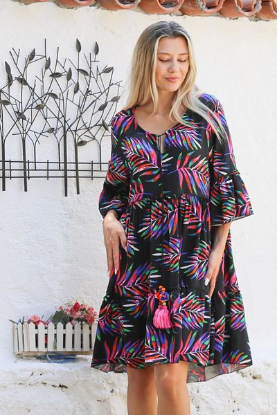 Chiccy Fuchsia-Black Pool Collar Ruffle Dress - Tassel Allover Printed, Casual Cut