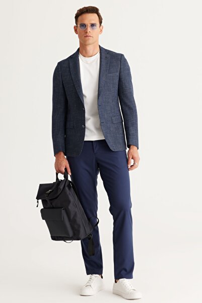 ALTINYILDIZ CLASSICS Erkek Lacivert-Beyaz Slim Fit Dar Kesim Mono Yaka Desenli Blazer Ceket