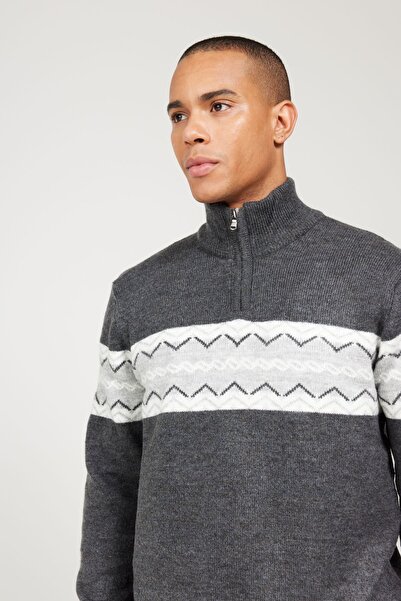 AC&Co / Altınyıldız Classics Men's Smoke-gray Standard Fit Regular Cut Stand Collar Wool Raised Soft Textured Knitwear Sweater