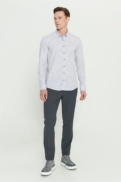 ALTINYILDIZ CLASSICS Anthrazitfarbenes Slim-Fit-Slim-Fit-Hemd für Herren mit geknöpftem Kragen und Leinenoptik aus 100 % Baumwolle