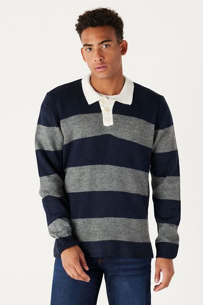 AC&Co / Altınyıldız Classics Marineblau-grauer Standard-Passform-Pullover für Herren mit normalem Schnitt und Rollkragen, gestreiftem, weichem, strukturiertem Strickpullover
