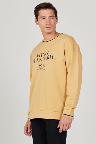AC&Co / Altınyıldız Classics Men's Mustard Oversize Loose Cut 3 Thread Crew Neck Cotton Sweatshirt with Fleece Inside