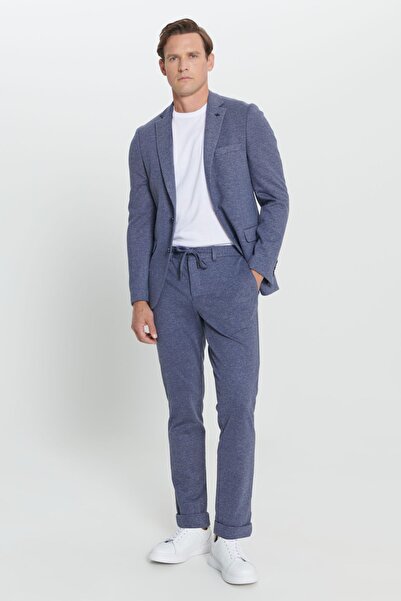 ALTINYILDIZ CLASSICS Slim Fit Dar Kesim Mono Yaka Desenli Beli Baglamali Lacivert-Beyaz Takim Elbise