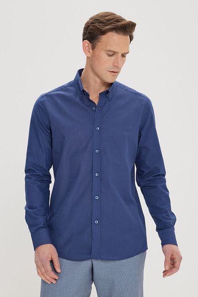 AC&Co / Altınyıldız Classics Pánská tmavě modrá 100% bavlna Oxford Slim Fit košile s knoflíkovým límcem
