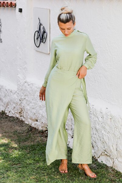 Chiccy Limon Küfü Rengi Hakim Yaka Uzun Kol Bağlamalı Dokuma Casual Tulum