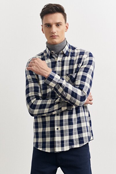 AC&Co / Altınyıldız Classics Férfi sötétkék-bézs karcsú szabású karcsúsított gombgallér 100% pamut kockás favágó ing