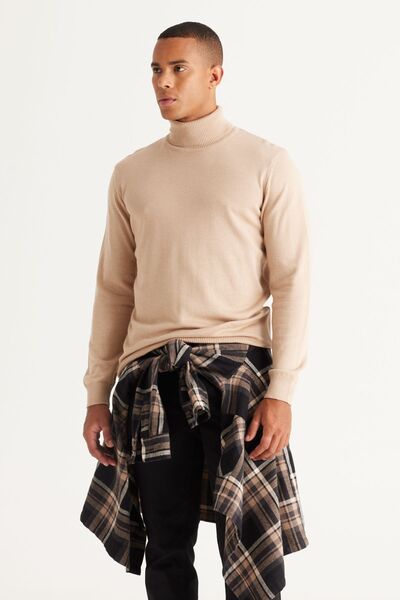 ALTINYILDIZ CLASSICS Erkek Bej Melanj Standart Fit Normal Kesim Tam Balıkçı Yaka Pamuklu Triko Kazak