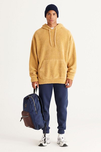 AC&Co / Altınyıldız Classics Men's Mustard Oversize Loose Cut Hooded Sherpa Sweatshirt Fleece