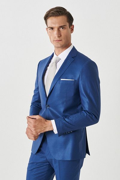 ALTINYILDIZ CLASSICS Costum albastru în carouri pentru bărbați, lână Eksta, slim fit, cu guler mono