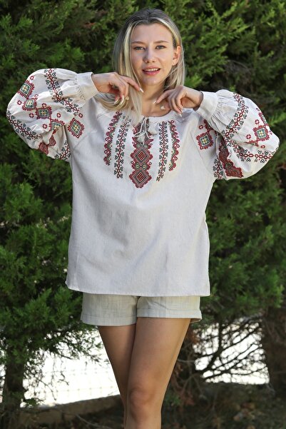 Chiccy Ecru Embroidered Boat Neck - Balloon Sleeve Woven Blouse