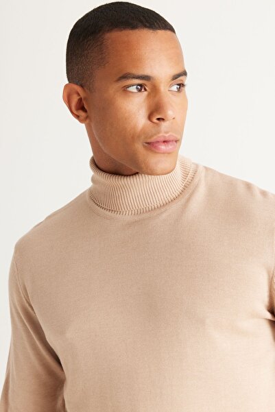 ALTINYILDIZ CLASSICS Erkek Bej Melanj Standart Fit Normal Kesim Tam Balıkçı Yaka Pamuklu Triko Kazak