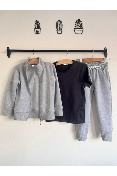 YARENKİDS 3-Piece Gray Tracksuit Set for Boys Girls - Light Green Badi, Zippered
