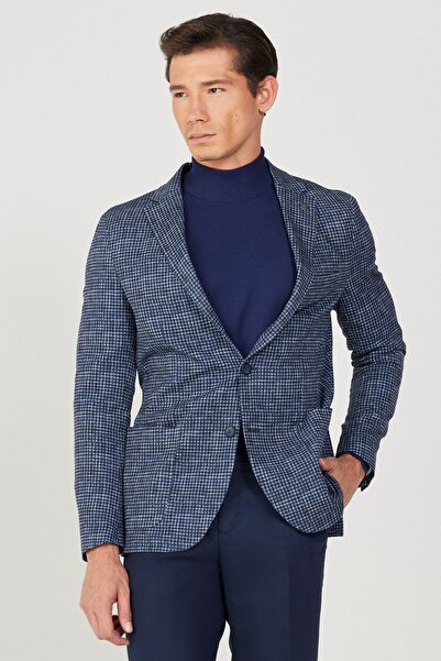 ALTINYILDIZ CLASSICS Erkek Lacivert-beyaz Kırışmaz Katlanabilir Magic Fit Mono Yaka Kazayağı Desenli Travel Ceket