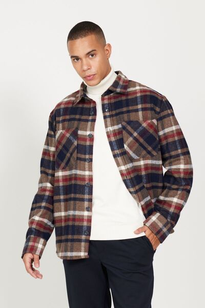 AC&Co / Altınyıldız Classics Men's Brown-Navy Blue Oversize Fit Classic Collar Checked Shirt
