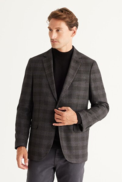 ALTINYILDIZ CLASSICS Men's Black-Navy Blue Comfort Fit Relaxed Cut Mono Collar Patterned Blazer Jacket