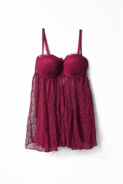 NBB 3750 Kaplı Fantezi Gecelik (String)-Bordo NBB-3750-67