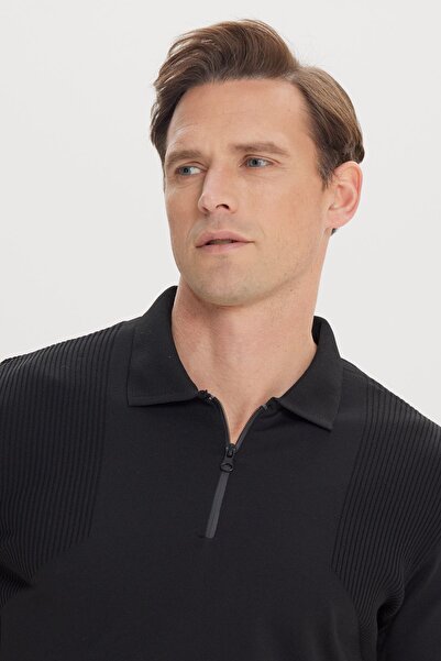 ALTINYILDIZ CLASSICS Чоловіче поло з жакардовим коміром Tricot Tisorts Black Standard Fit