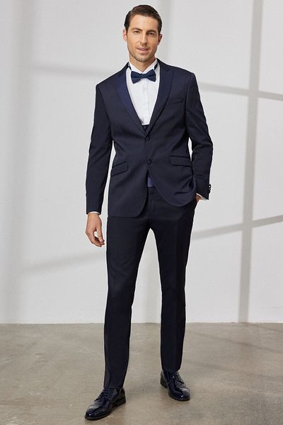 ALTINYILDIZ CLASSICS Marineblauer Slim-Fit-Smokinganzug mit Schwalbenkragen und Dobby-Weste für Herren