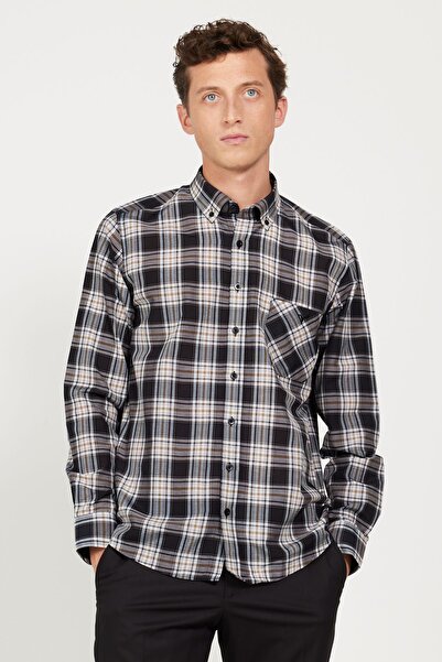 AC&Co / Altınyıldız Classics Men's Black-Brown Slim Fit Narrow Cut Button Collar Cotton Shirt